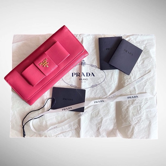 Prada Saffiano Fiocco Pink Peonia Ribbon Bifold Wallet - Picture 1 of 10